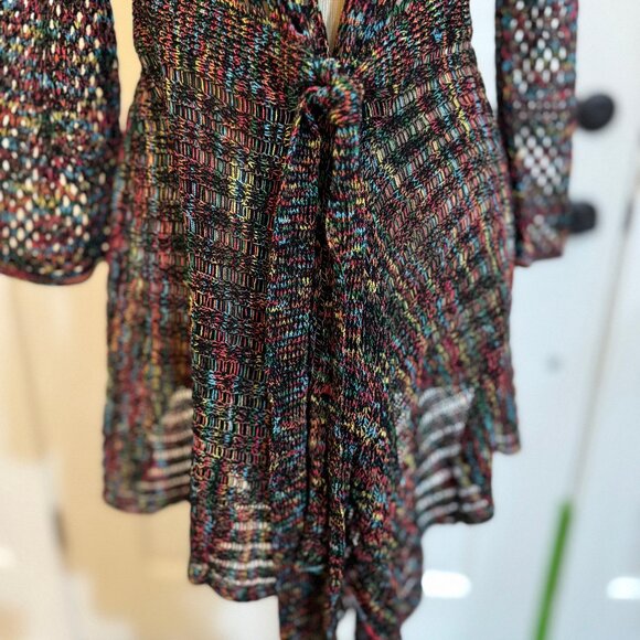 Womens Open Weave Tunic Sweater Jacket M/L Crochet Front Tie Multicolor - Picture 3 of 8